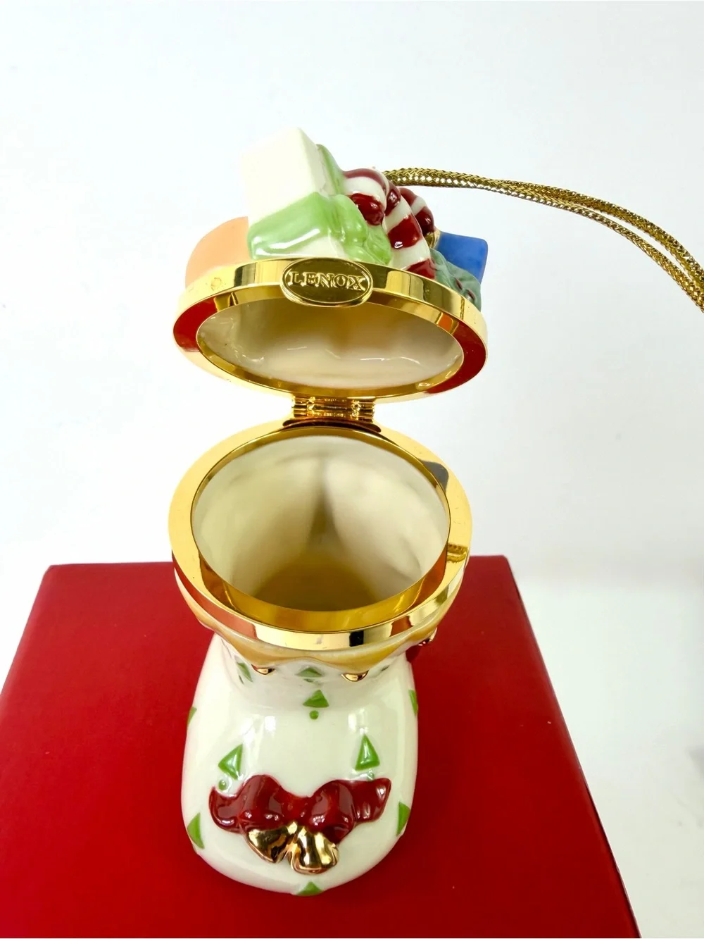 VTG Lenox Christmas Stocking Hinged Porcelain Trinket Box Ornament with/Box NOS